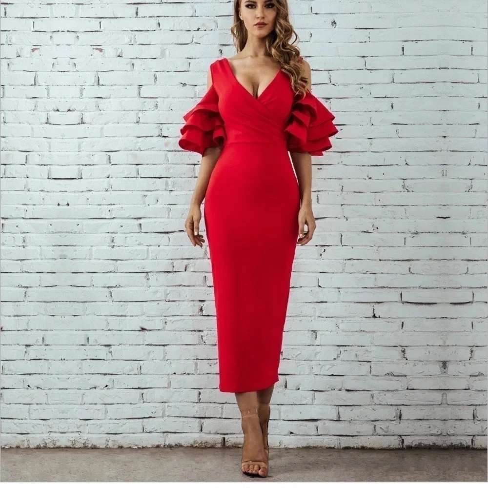 Bodycon Club Dress Sexy Deep V Neck Ruffles Butterfly Short Sleeve Midi size M
